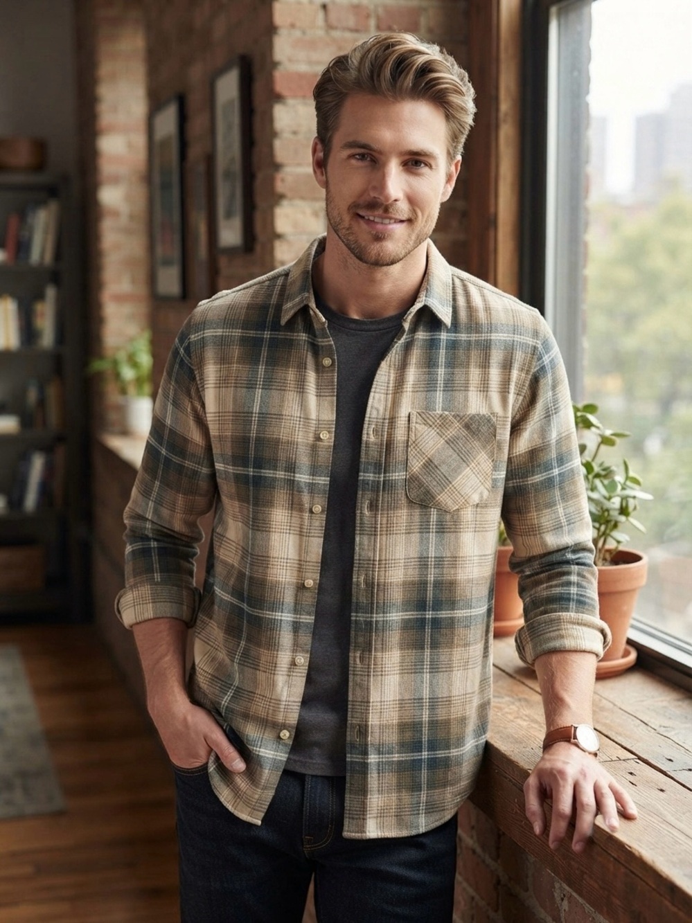 Structure Plaid Button-Down Shirt - Beige & Green